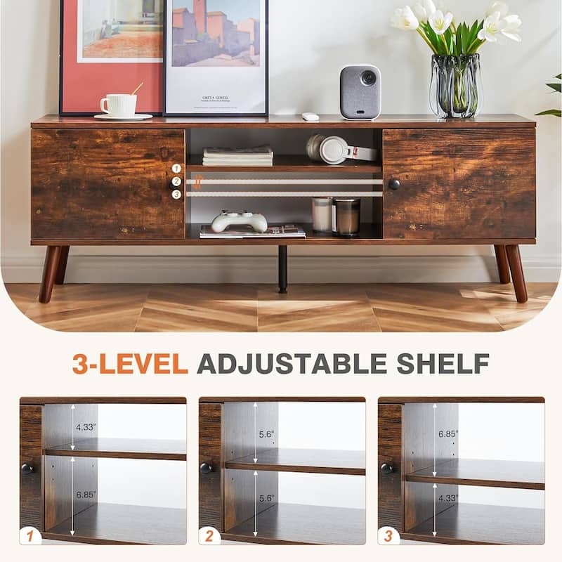 TV Stand for 55 60 inch TV, Entertainment Center with Storage Cabinet, Mid Century Modern Media Console Table, Adjustable Hinge