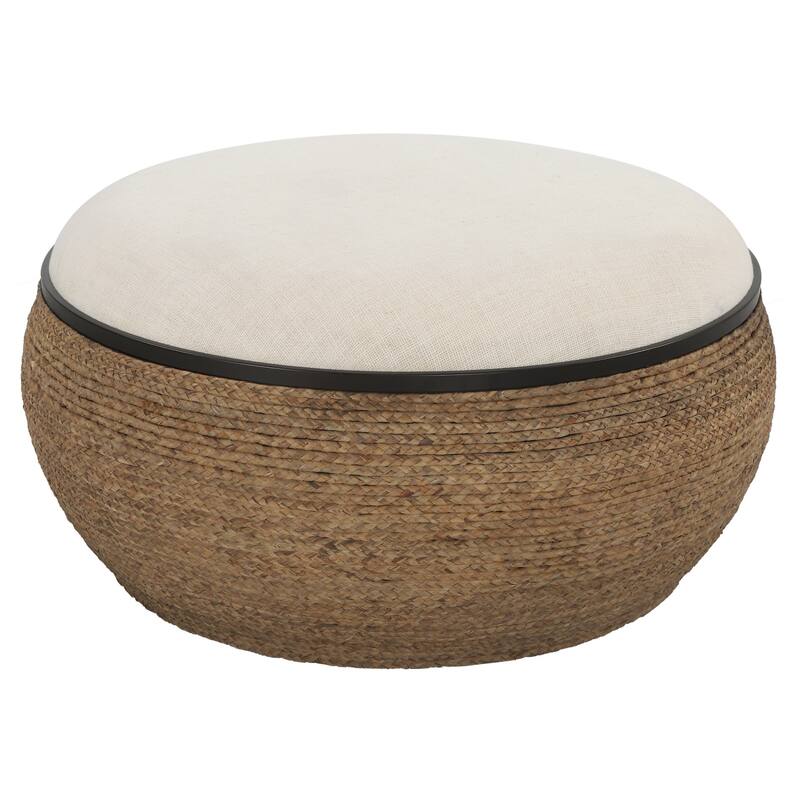 Braided Straw Upholstered Coffee Table - 36.25" - White and Brown