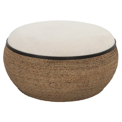 Braided Straw Upholstered Coffee Table - 36.25" - White and Brown