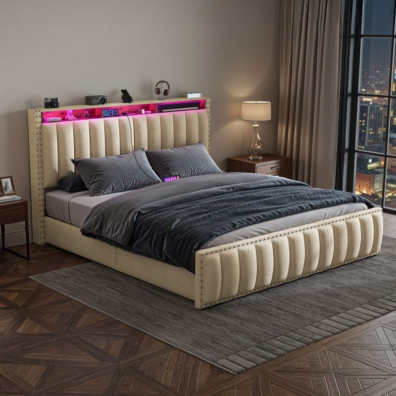 Full / Queen / King Size Platform Bed Frame with Upholstered Storage Headboard and 4 Drawers