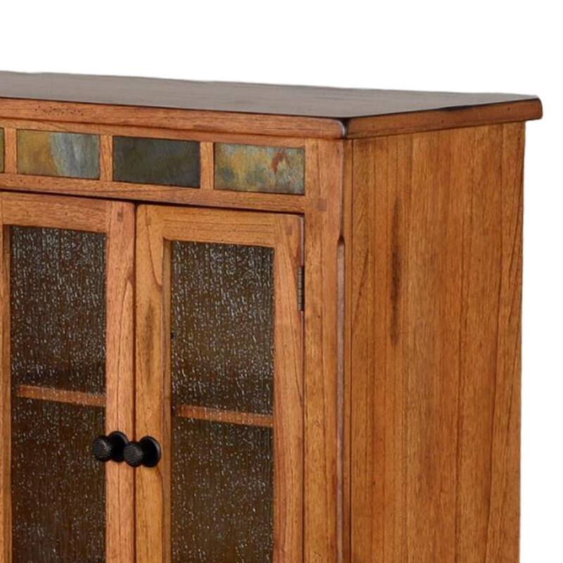 Marv Bookcase Cabinet, 4 Waterfall Glass Doors Slate Inlay Light Brown