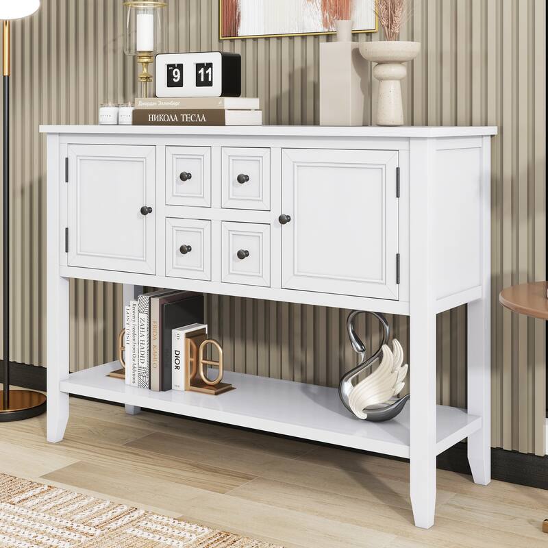 Vintage Console Table with 4 Drawers and Bottom Shelf - White