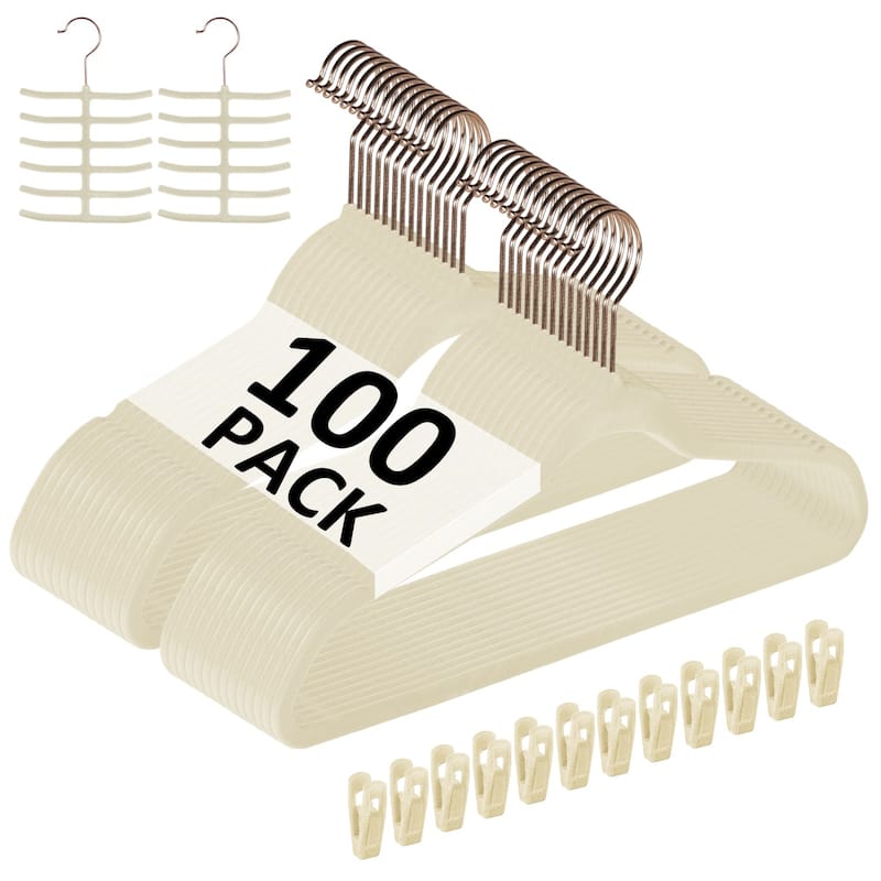 Javlergo 50/100 Pack Velvet Hangers, Heavy Duty Non Slip & Space-Saving Cloth Hangers with 6 Finger Clips & Tie Rack