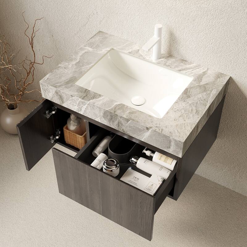 Floating Bathroom Vanity with Sintered Stone Top & Undermount Ceramic Basin with Single Pre-drilled Faucet Hole