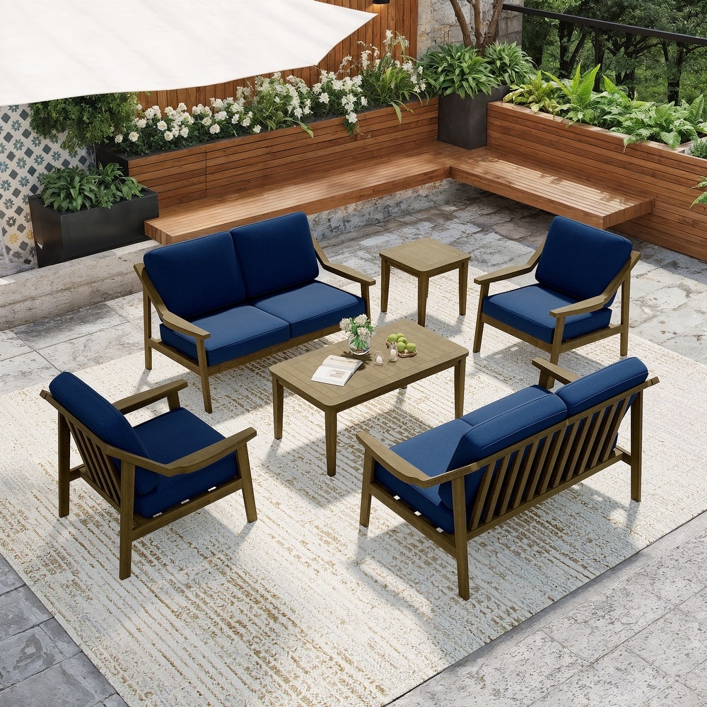6-piece Wood Patio Chat Set Teak Conversation Set with Cushion