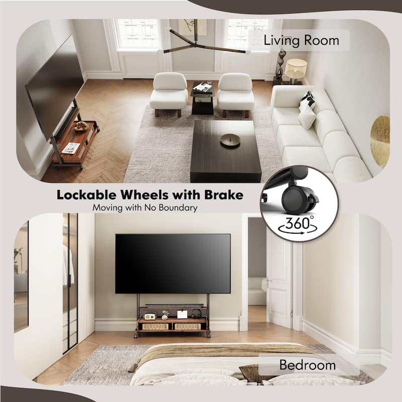 FITUEYES Rolling Floor TV Stand Mount for 70-100 Inch TVs ,with Two Wooden Large Storage
