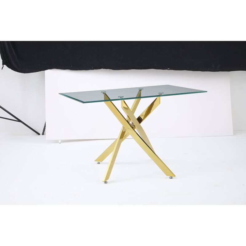 The modern rectangular tempered glass tabletop is paired with a golden iron frame, measuring 47.24 inches in length