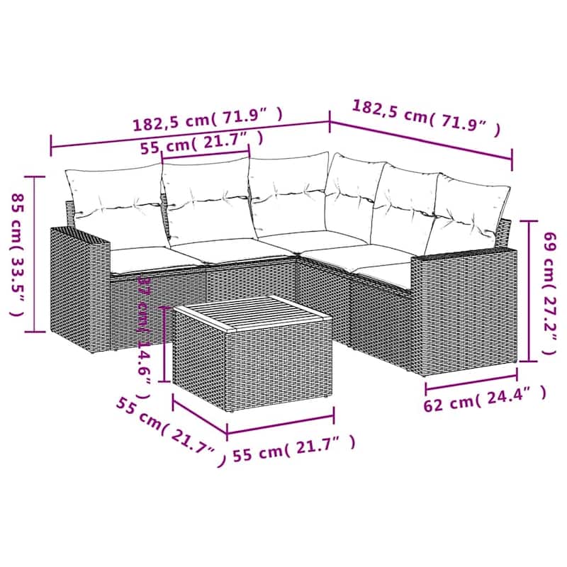 vidaXL 6 Piece Patio Sofa Set with Cushions Black Poly Rattan - 24.4 x 24.4 x 27.2