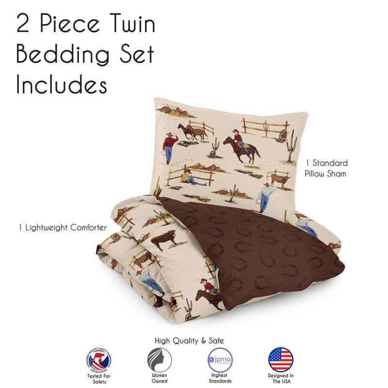 Sweet Jojo Designs Brown Western Cowboy Boy 2p Twin Size Comforter Set Wild West Horseshoe Southern Country Horse Cow Animal Tan