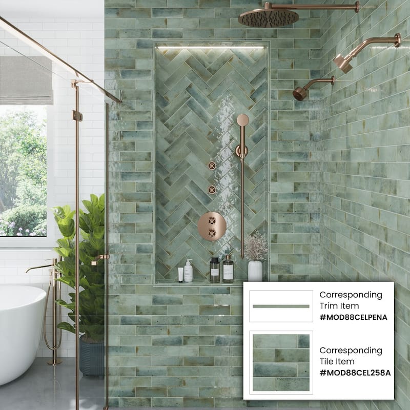 Apollo tile 0.5" x 8" Antiek Glossy Sage Green Ceramic Tile (0.7 sq ft/case) - 10 Pack