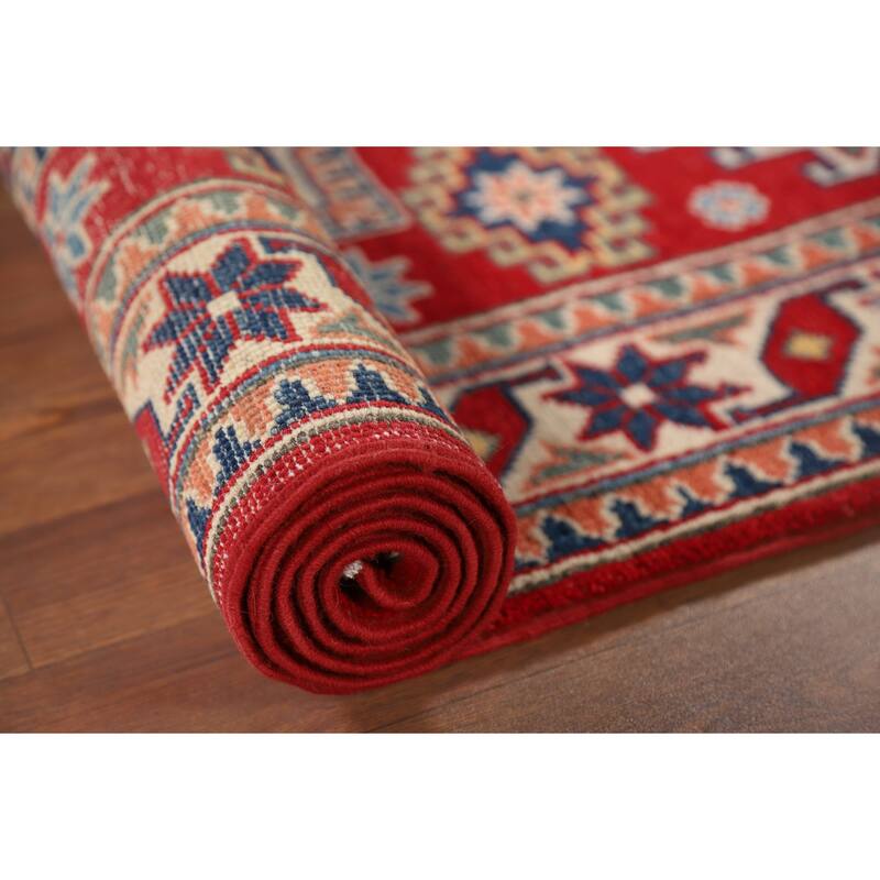 Red Geometric Kazak Oriental Runner Rug Hand-Knotted Wool Carpet - 2'8" x 9'7"