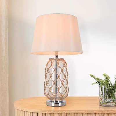 Modern Glass Table Lamp Coastal 26-inch Cylindrical Desk Lamp with Jute Rope Design - L15" x H26"