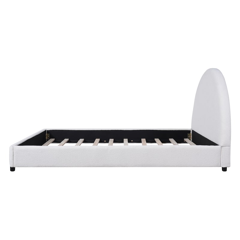Upholstered Bed with Round Curved Headboard Wingback Bed, White Boucle Platform Bed Frame