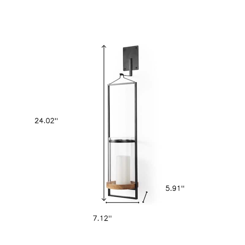 24" Black Distressed Geometric Metal Solid Wood And Glass Wall Sconce Candle Holder