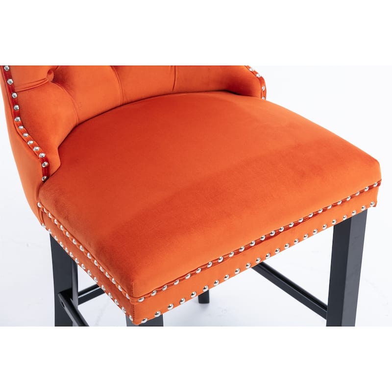 Velvet Bar Chairs Set of 2, Counter Height Bar Stools with Button Decor and Nailhead Trim, Dining Room Chairs with Back