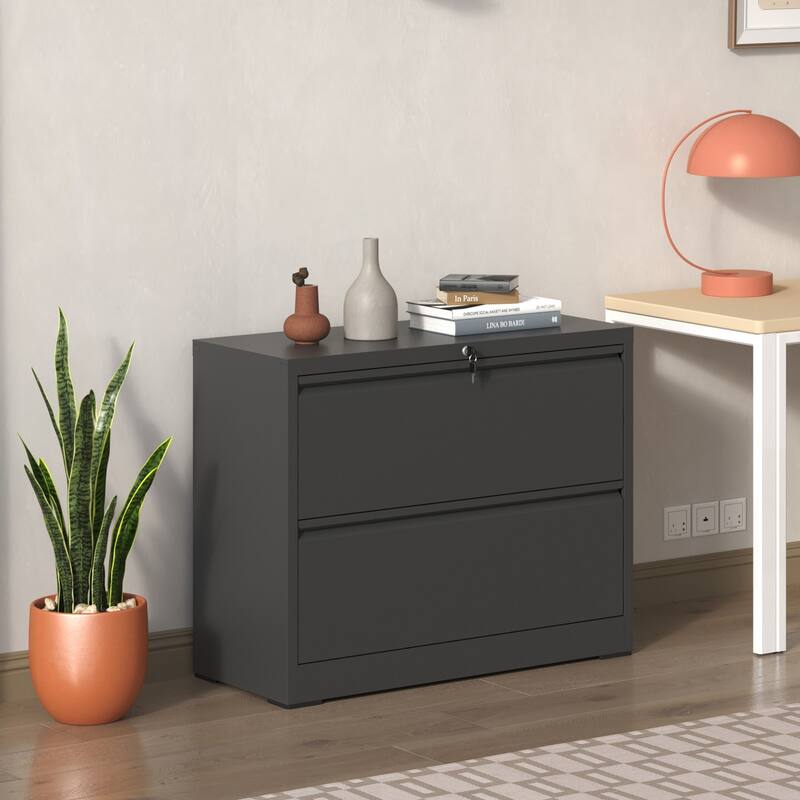 2 Drawer Lateral File Cabinet with Lock - Black