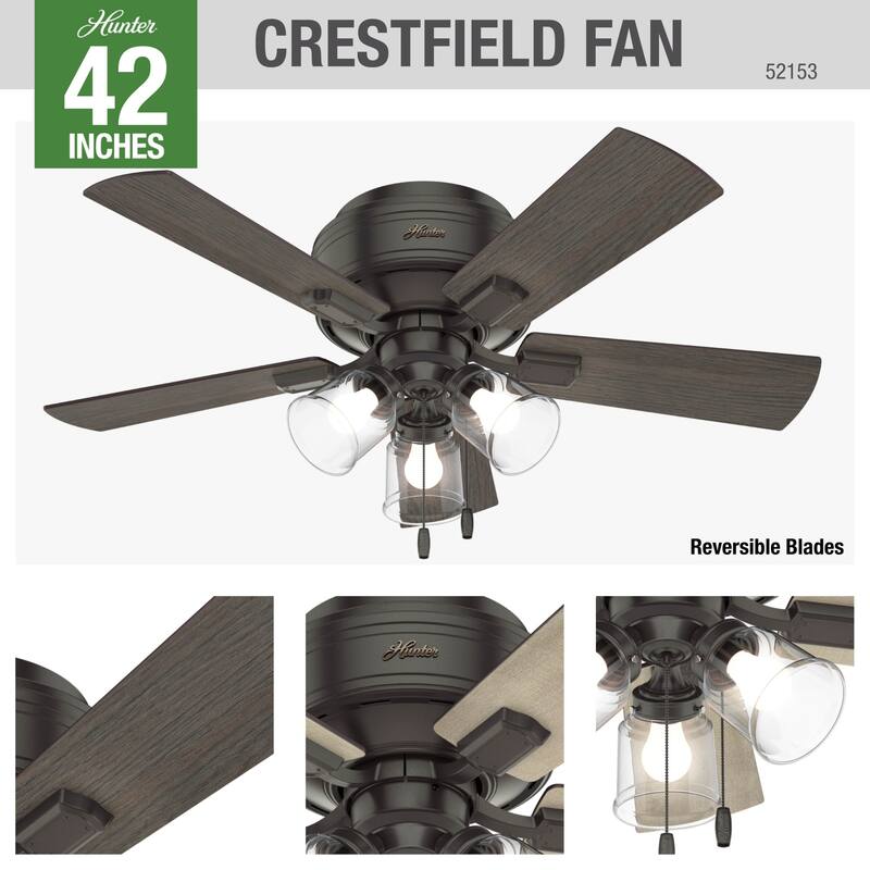 Hunter 42" Crestfield Low Profile Ceiling Fan with 3-Light LED Light Kit and Pull Chain - Casual, Farmhouse, Rustic