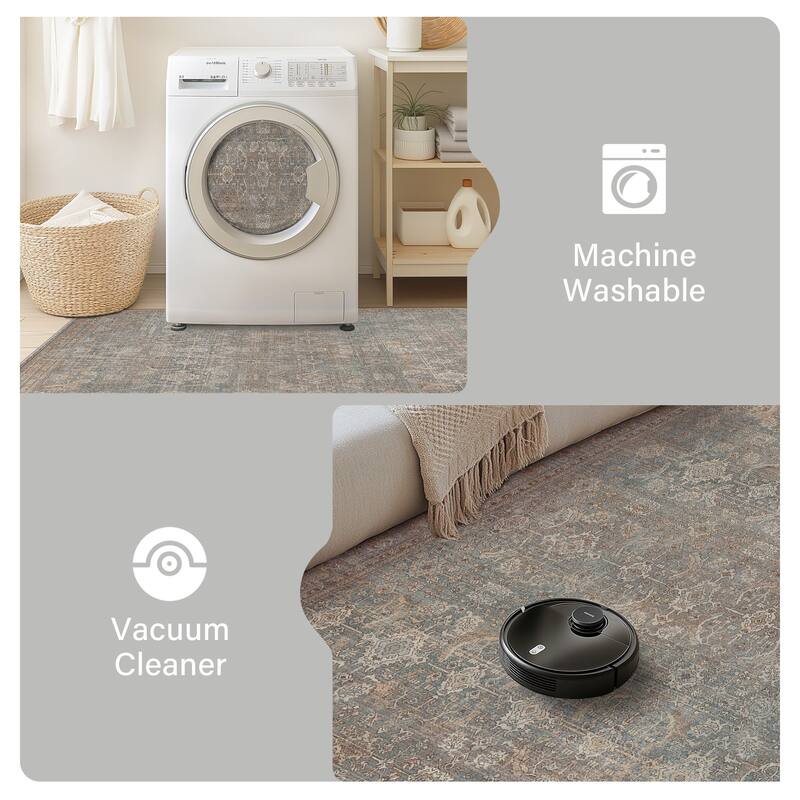 Mcow Grace Muted Floral Low Pile Non-Slip Machine Washable Area Rug