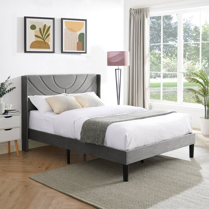 Javlergo Upholstered Platform Bed Frame with Modern Wingback Headboard, Dark Grey