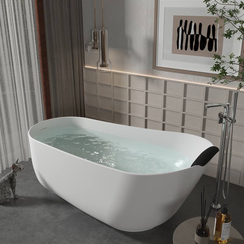 CASAINC Resin Stone Solid Surface Soaking Stand Alone Bathtub Freestanding Bathtub in Matte White