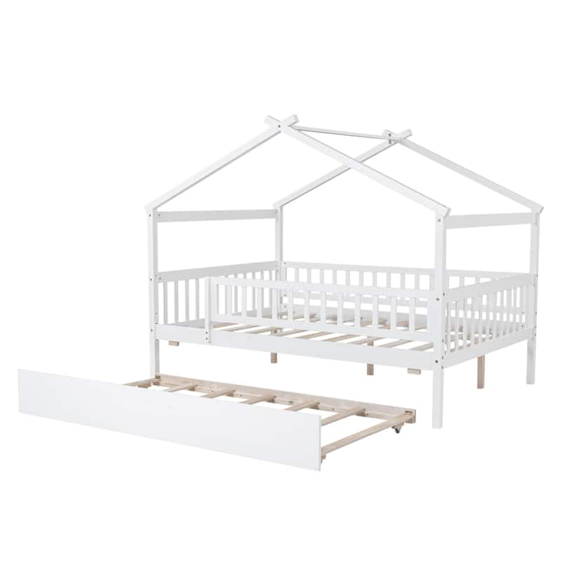 Montessori Bed House Bed with Trundle Bed and Headboard, Wood Daybed Platform Bed Frame No Box Spring Needed for Boys Girls