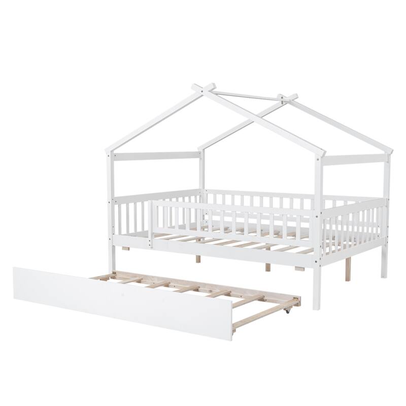 Wooden Twin/Full House Bed with Trundle and Headboard, Sky Roof Design, Durable Pine Wood
