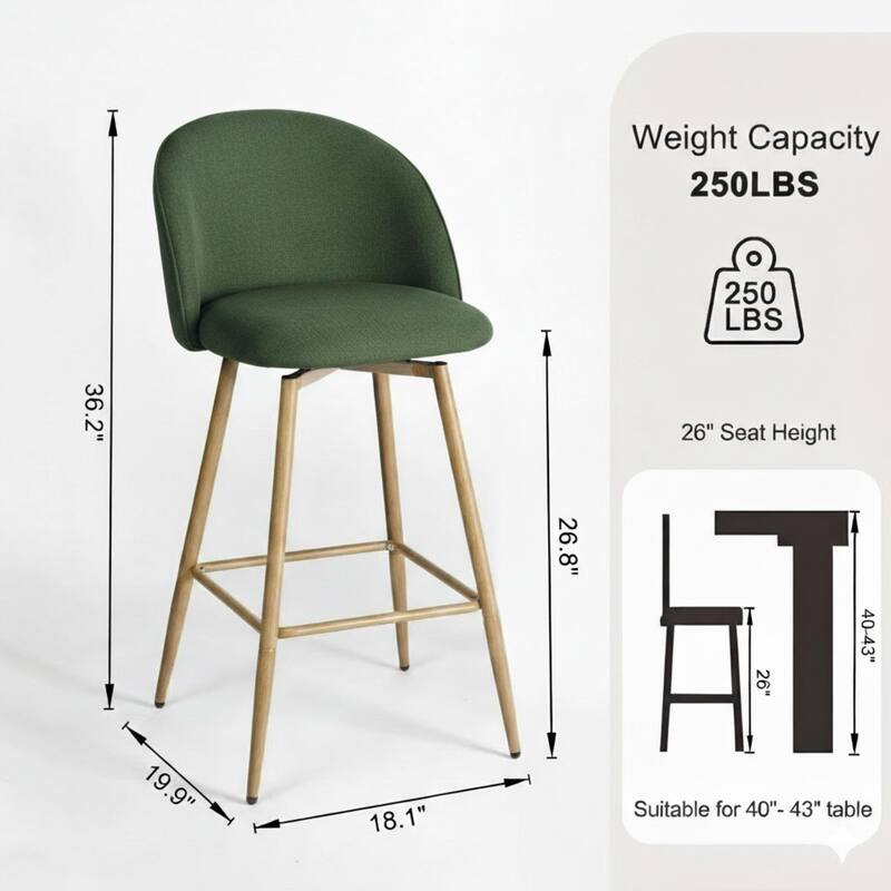 Homy Casa Upholstered Counter Stools with Curved Back and Metal Legs for Kitchen Islands,Breakfast Bars