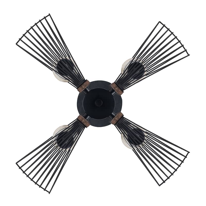 4-Light Black Metal and Wood Pendant Light - 18"D x 18"W x 96"H