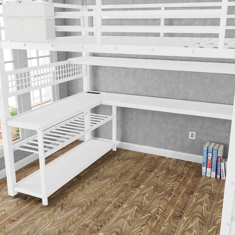 Full Size Metal Loft Bed with Staircase Storage, Wardrobe, L-Shaped Desk, Shelves, LED Lights and USB Charging Station