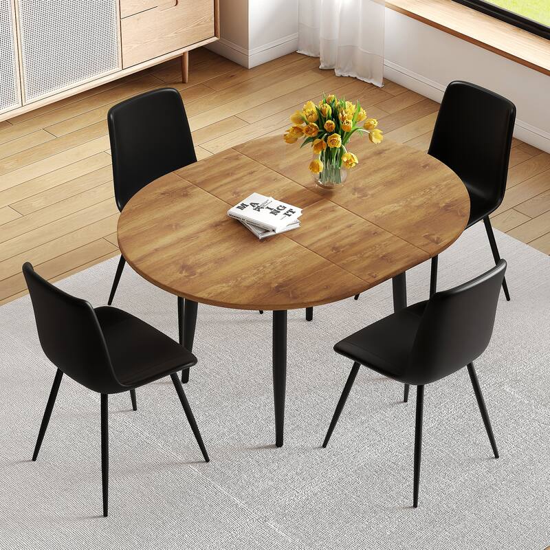 42-52" Extendable Dining Table Set for 4/6, Round Table with Faux Leather Chairs, Small Space Kitchen Table and Chairs Set