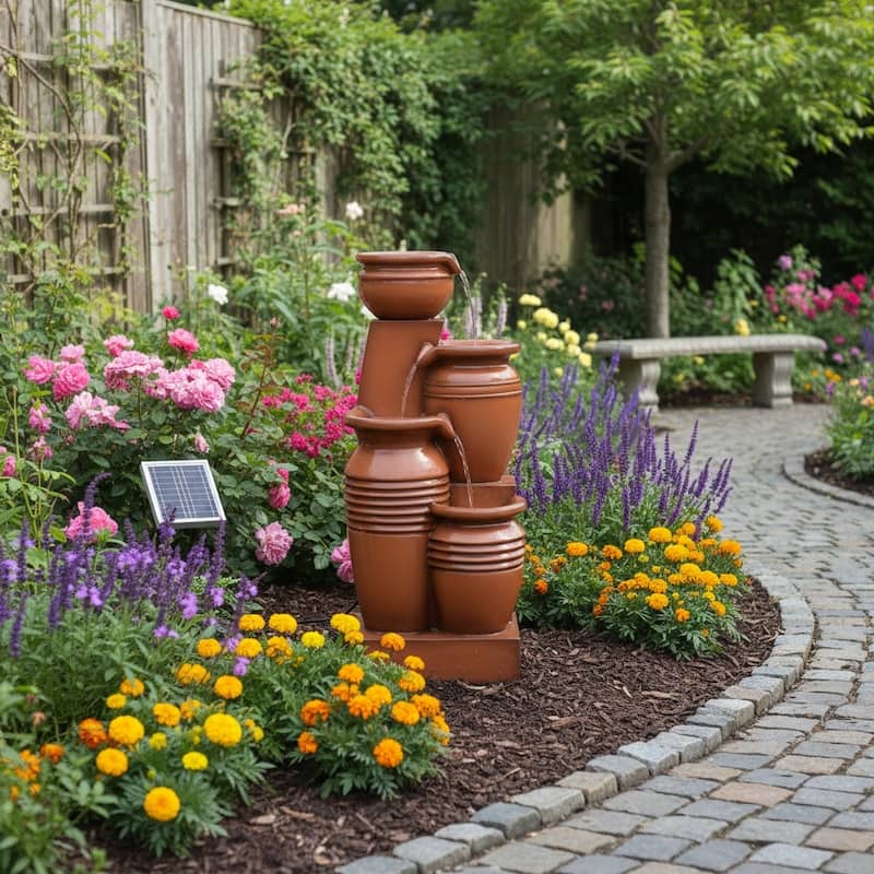 Teamson Home 28.74" 4-Tier Outdoor Fountain with LED Lights, Solar Powered, Weather-Resistant Faux Stone for Garden & Patio