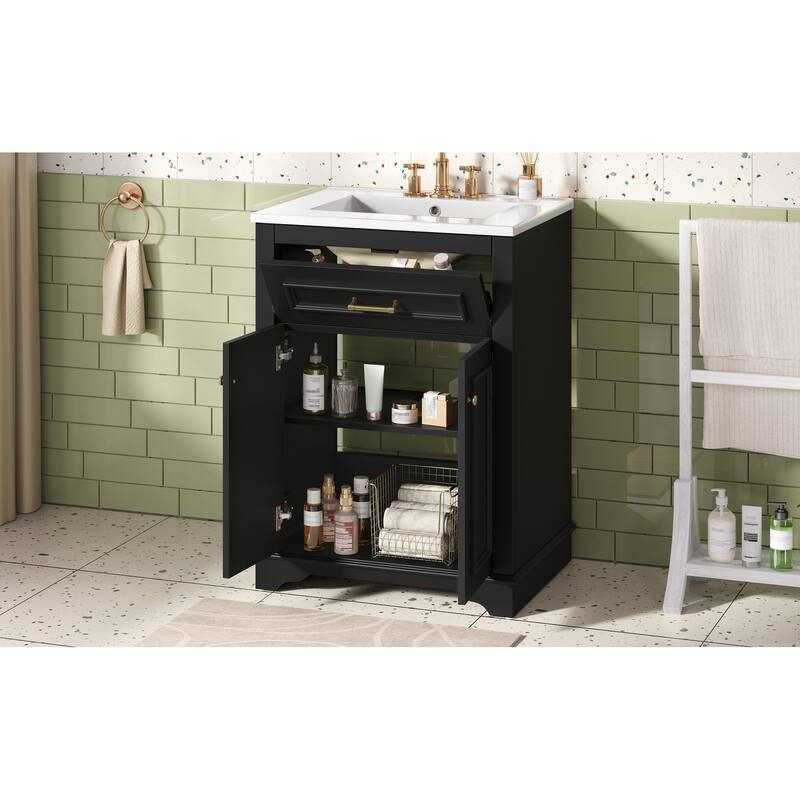 24" Bathroom Vanity with Integrated Ceramic Sink, Bathroom Cabinet with 2 Doors, 1 Tip-Out Drawer