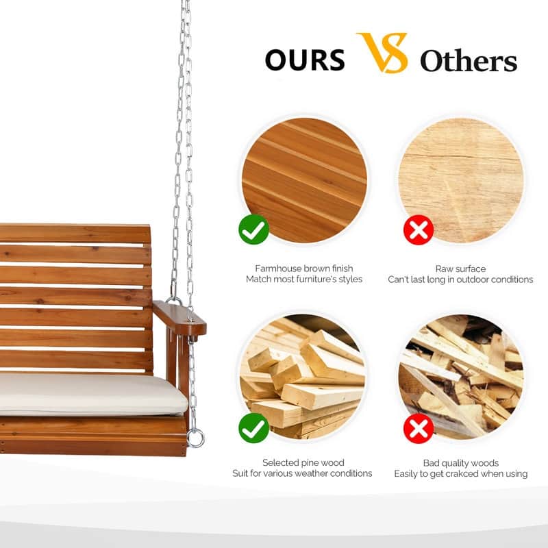 5 ft. 3-Person Wood Outdoor Porch Swing with Cushion - N/A