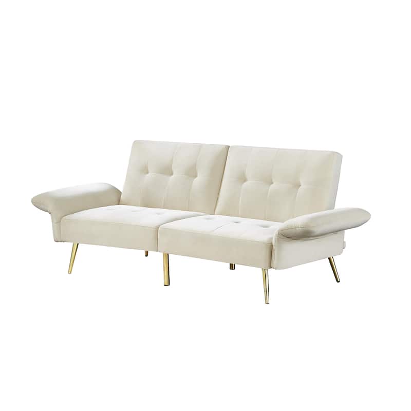 Italian Velvet Convertible Sleeper Sofa Bed with with Folded Armrests and Storage Bags