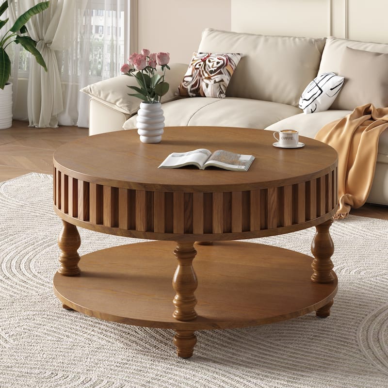Modern Fluted Coffee Table with Storage, Black Finish Center Table with Flip-Top Lid, Sturdy Solid Wood Legs