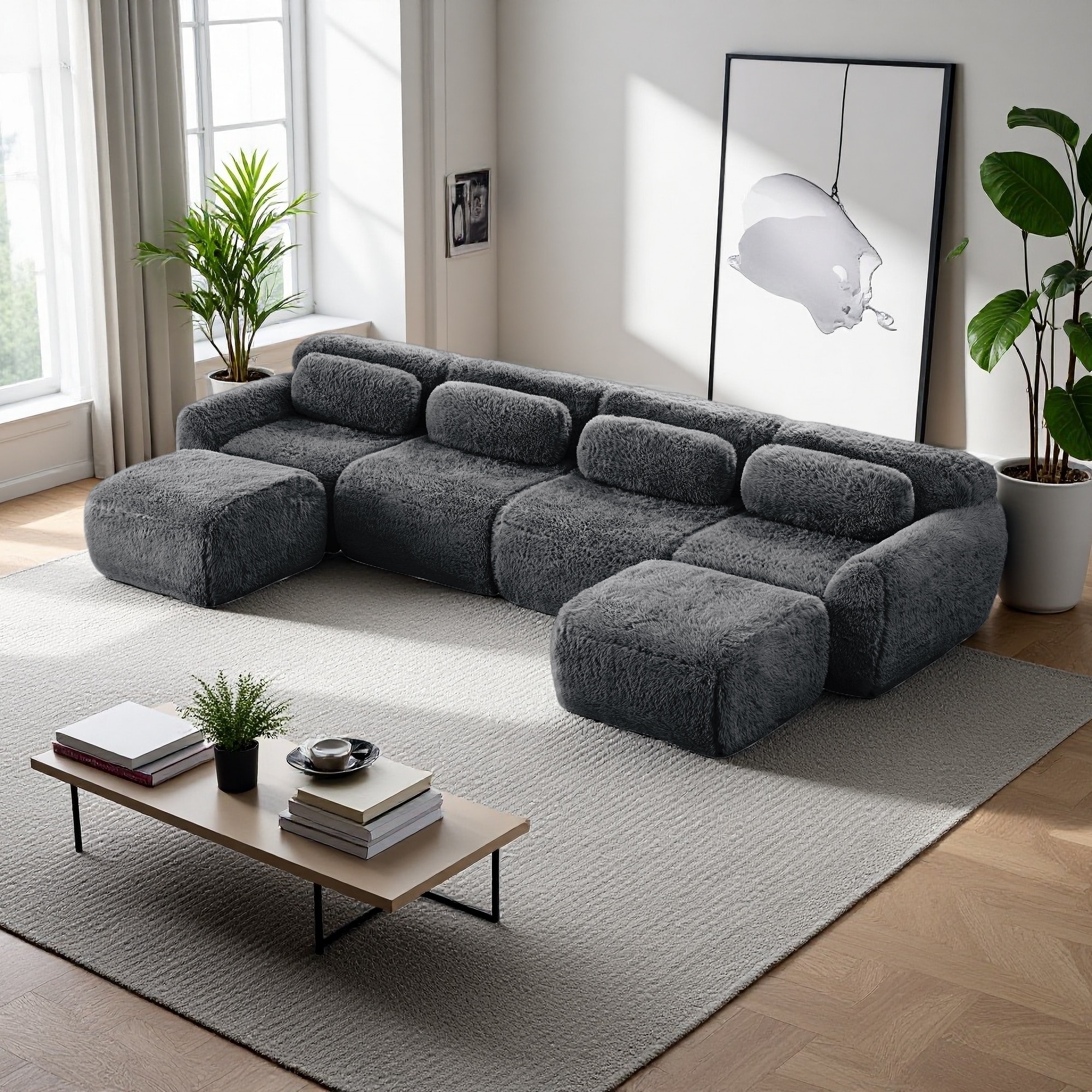 149" Plush Boneless U-Shaped Modular Sectional Sofa, 32D Foam