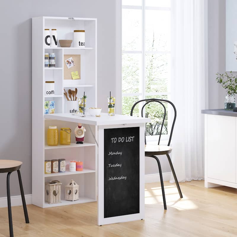 Fold-out Convertible Writing Table, Wall Mount Desk Cabinet, Home Office Desk with Side Shelf and Writing Blackboard - White