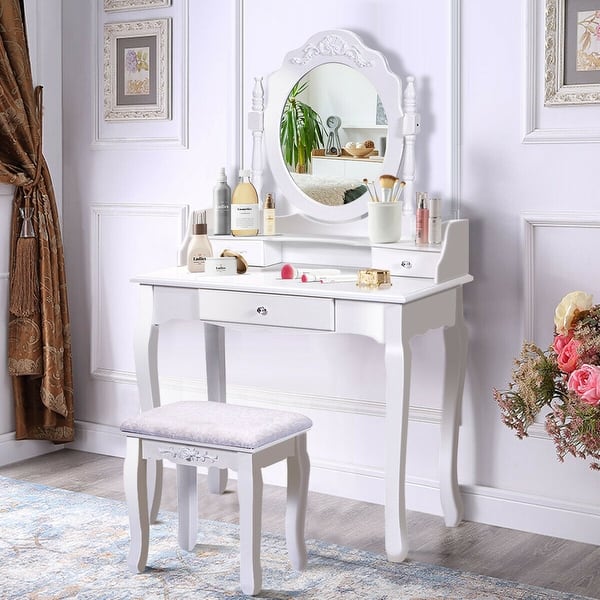 Shop Costway White Vanity Wood Makeup Dressing Table Stool 3 Drawer On Sale Overstock 16794580