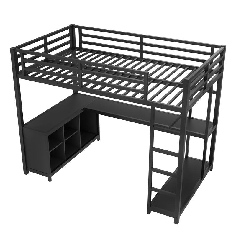 Roomfitters Metal Loft Bed with Wardrobe and L-Shaped Desk, Storage Shelves, Black