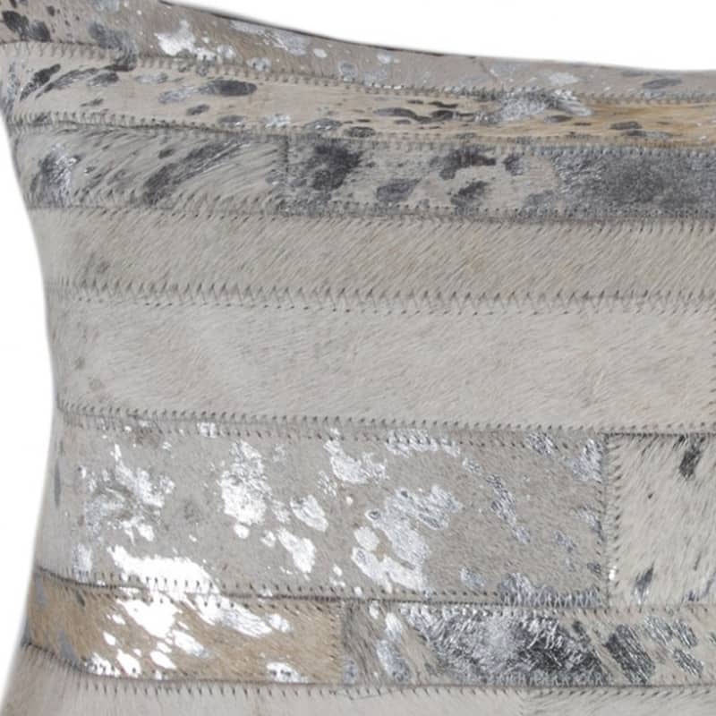 HomeRoots 12" X 20" Gray and Silver Striped Cowhide Lumbar Throw Pillow