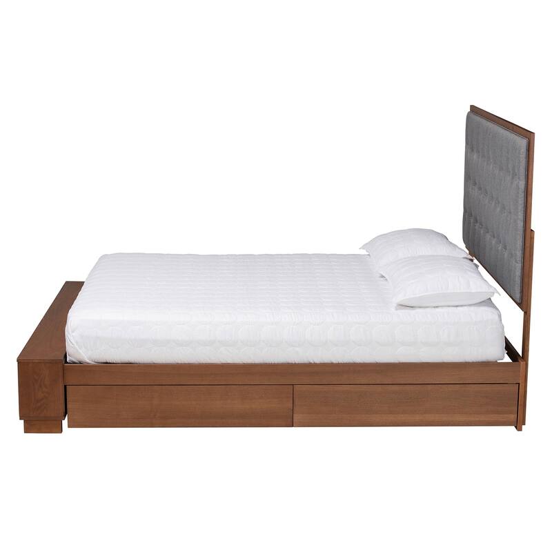 Jalie Classic Transitional Grey Fabric and Walnut Brown Finished Wood Platform Storage Bed