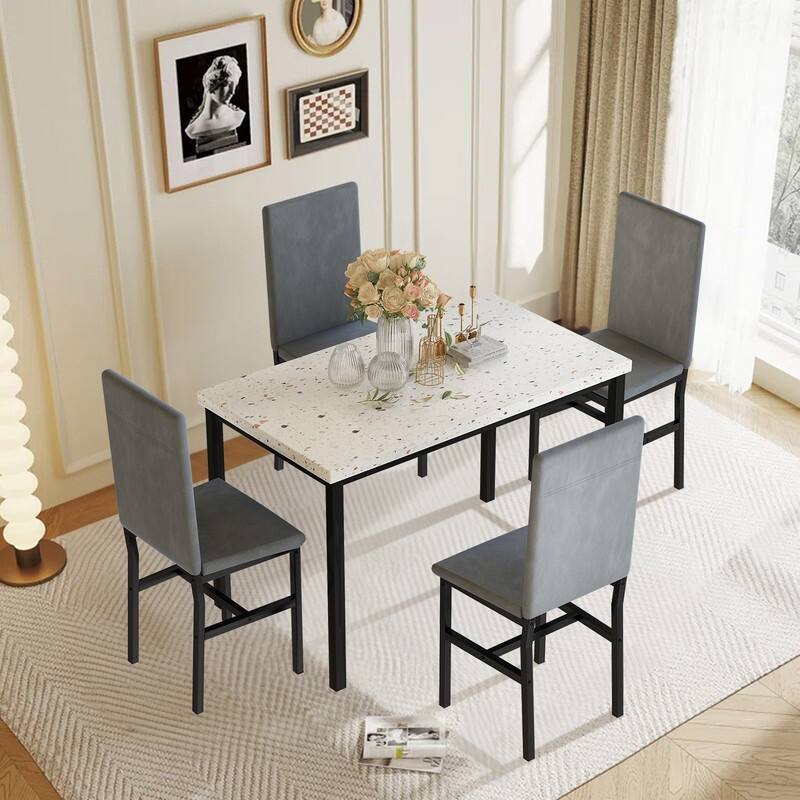 Modern 5 Piece Faux Marble Kitchen Dining Table Set for 4 with PU Leather Chairs, Dinette for Small Spaces, Breakfast Nook - Grey