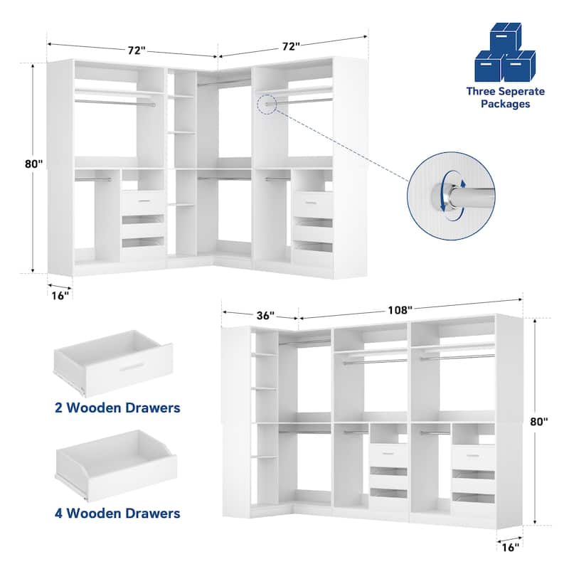 Qvella Corner Closet System with 6 Wooden Drawers and 6 Hanging Rods, Closet Organizer Wardrobe for Walk-in/Reach-in Closet