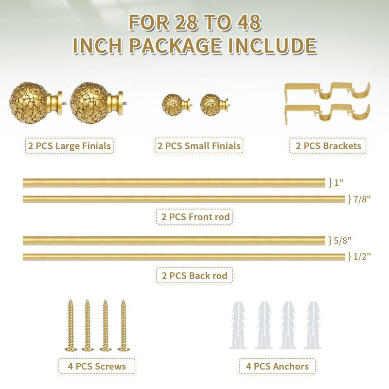 Meriville 1" Diameter Double Window Curtain Rod, 28" to 48", Fuso Finial
