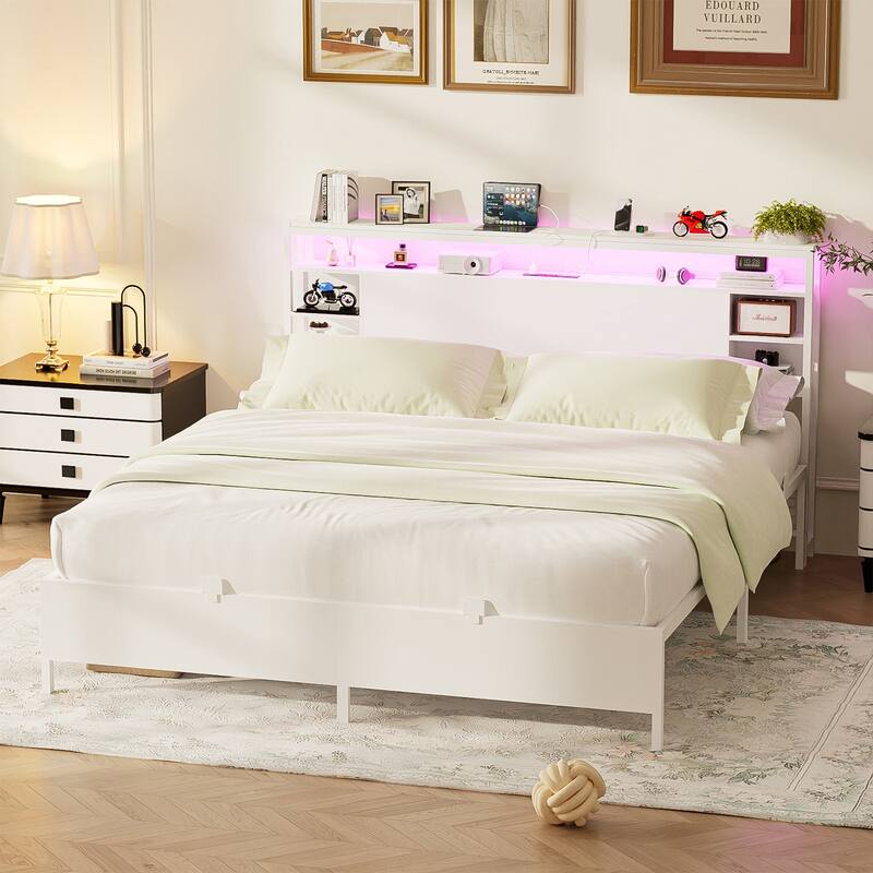 Bed Frame with Charging Station and RGB LED Lights, Sturdy Platform Bed with Storage Headboard,