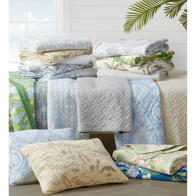 Tommy Bahama Tropical Orchid Green Cotton Reversible Quilt Set