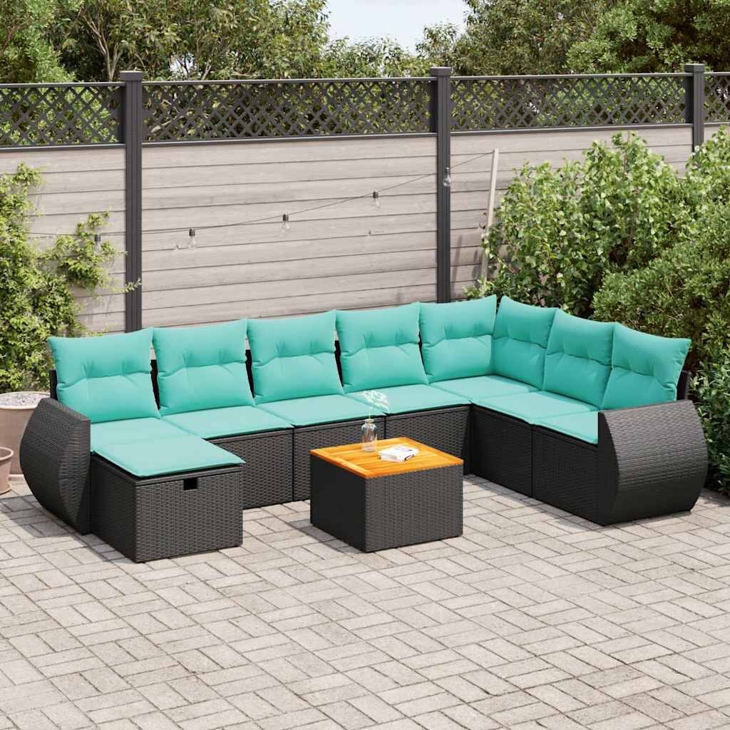 vidaXL 9 Piece Patio Sofa Set with Cushions Black Poly Rattan - 21.7 x 24.4 x 27.2