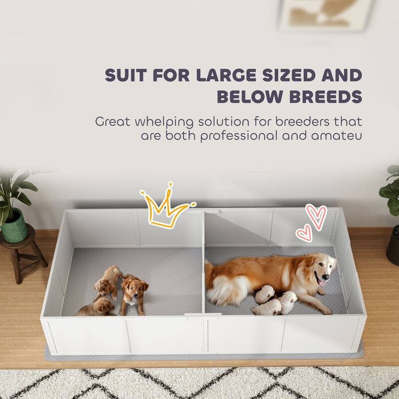 PawHut Whelping Box for Dogs and Puppies, Dog Whelping Box with Washable Waterproof Pee Pad & Adjustable Door for Large Dogs