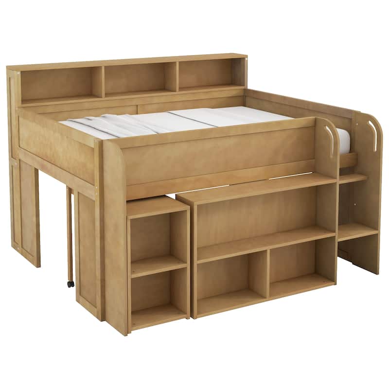 Full Size Wood Kids Loft Bed Frame with Pull-out Desk, Multiple Storage Bookshelf Built-in LED