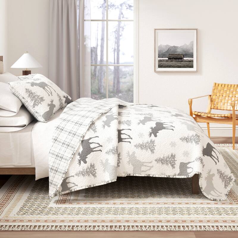Linery & Co. Moose & Evergreens Microfiber Quilt Set With Shams - Moose - Grey - Twin